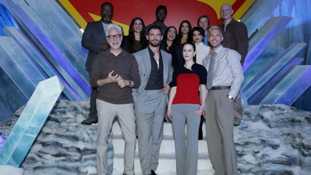 An image of James Gunn and the casting of Superman 2025. 
Source: https://www.rappler.com/tachyon/2025/07/2025-07-09T103200Z_982374517_RC2TBFAPV7JL_RTRMADP_3_FILM-SUPERMAN-CAST-scaled.jpg 