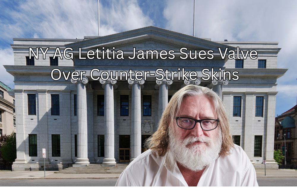 A title card for the article NY AG Letitia James Sues Valve Over Counter-Strike Skins