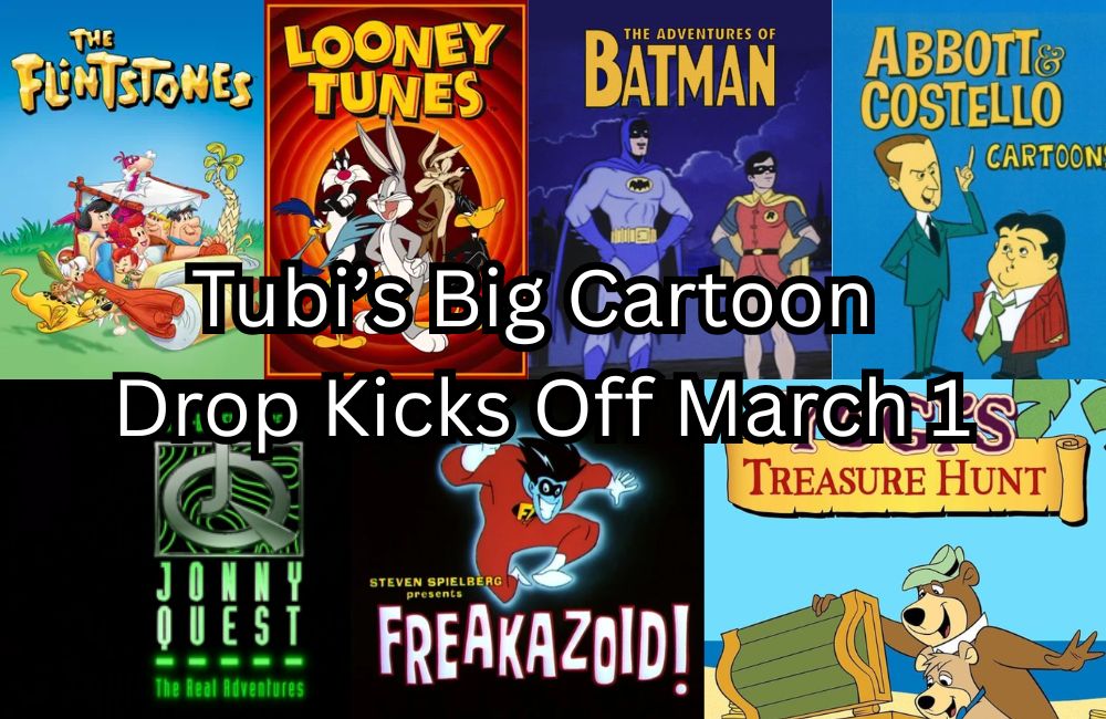 A title card for the article Tubi’s Big Cartoon Drop Kicks Off March 1.