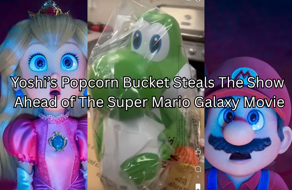 A title card for the Yoshi’s Popcorn Bucket Steals The Show Ahead of The Super Mario Galaxy Movie.